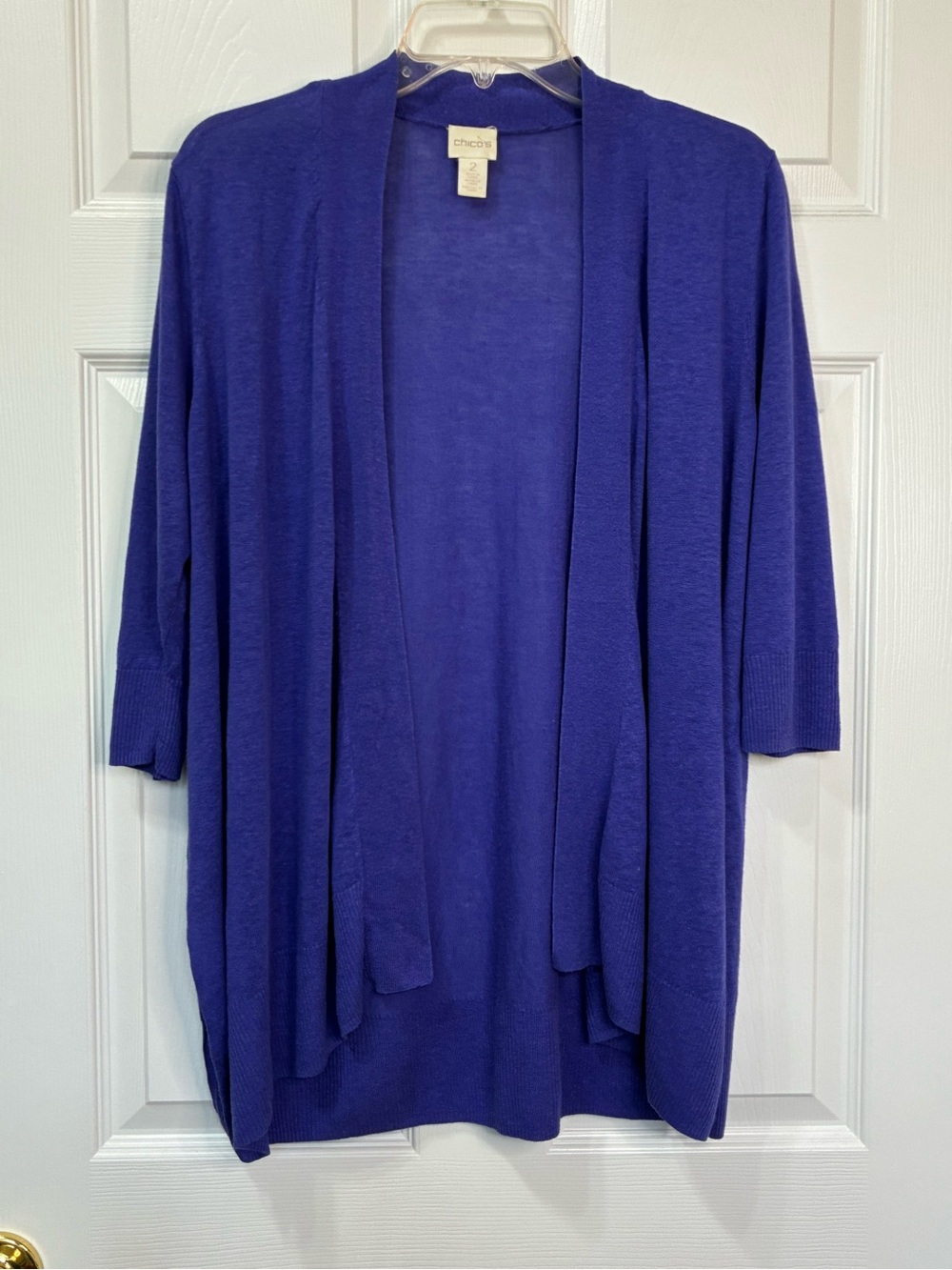 Chico's Linen Blend Open Front Cardigan Womens Large Purple Side Slit Layering